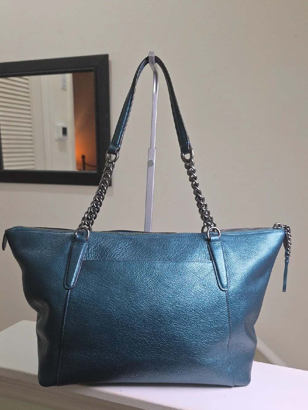 COACH F22208 Ava Chain Tote in Metallic Teal/Gunmetal EUC - Picture 7 of 16